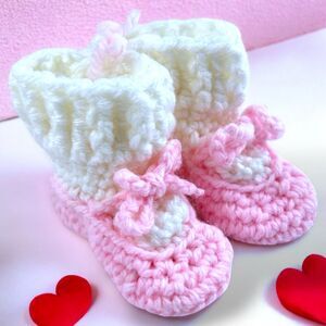 Handmade Crocheted Pink Mary Janes w/ White Socks Vintage Baby Booties NEW